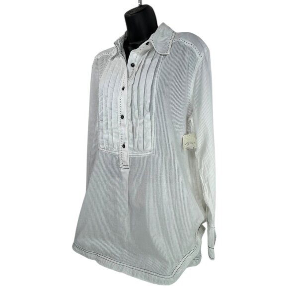 WE THE FREE Black Tie Tux Shirt Sz L White Pintuck Button Up Tunic 100% Cotton - Picture 5 of 12